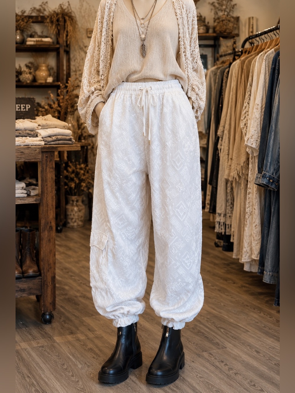 100🌟 Jaded Gypsy White Textured Balloon Pants | Boho Drawstring NWOT